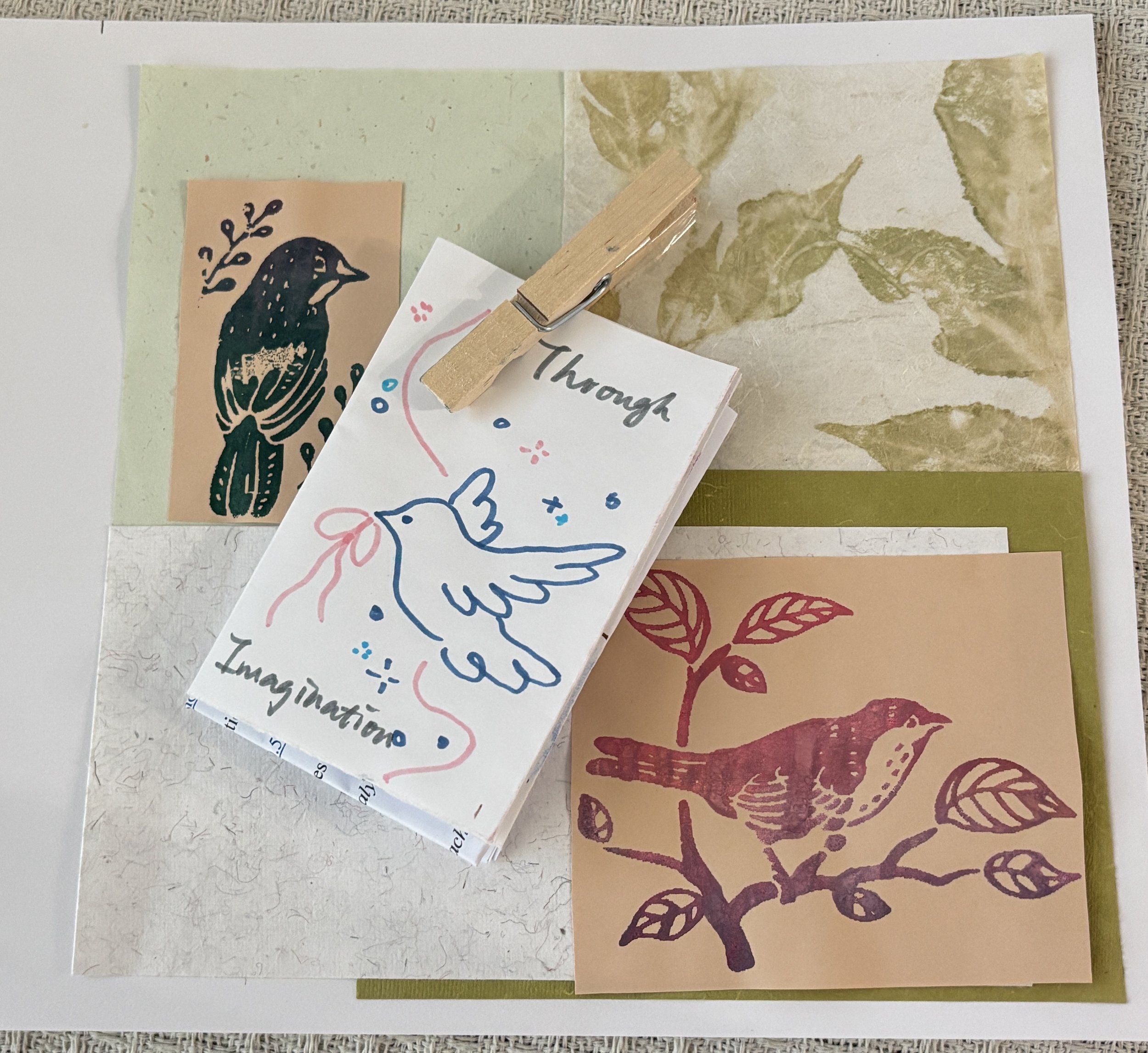 For my conclusion, I created a handmade zine and a series of stamped bird prints. The birds were cut out during a classroom activity and later transferred using paint and pressure—each print slightly different, bearing the texture of both the process
