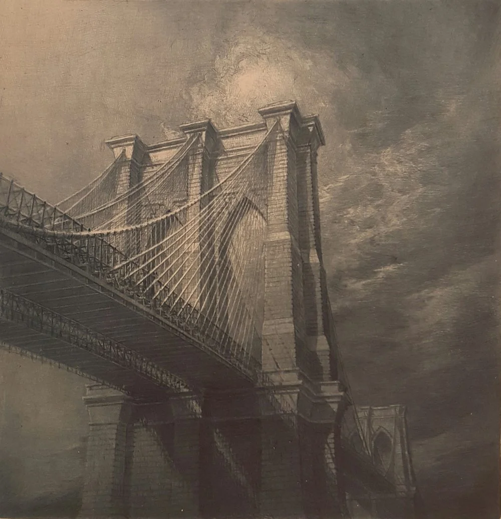 An engraving of the Brooklyn Bridge in New York City, showing its towers and suspension cables from a low-angle perspective.