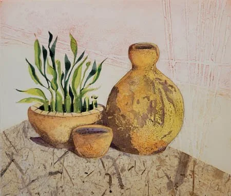 Painting of a still life with potted plant and pottery on a textured surface.