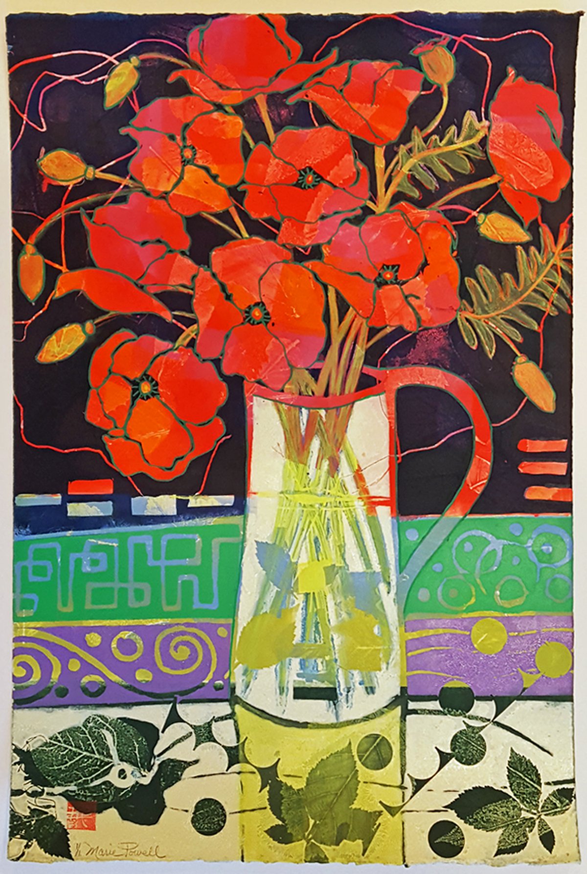 Mixed media monotype of red poppies in vibrant colors with a multi colored geometric background