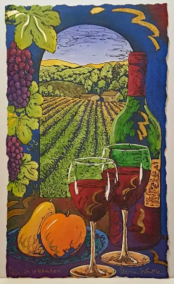 A colorful painting depicting a view of a vineyard landscape through a window, with two glasses of red wine, grapes, a pumpkin, and a bottle on a table in the foreground.