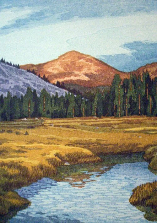 A watercolor painting of a mountain landscape with a river flowing through grassy fields, tall trees, and mountains in the background under a partly cloudy sky.