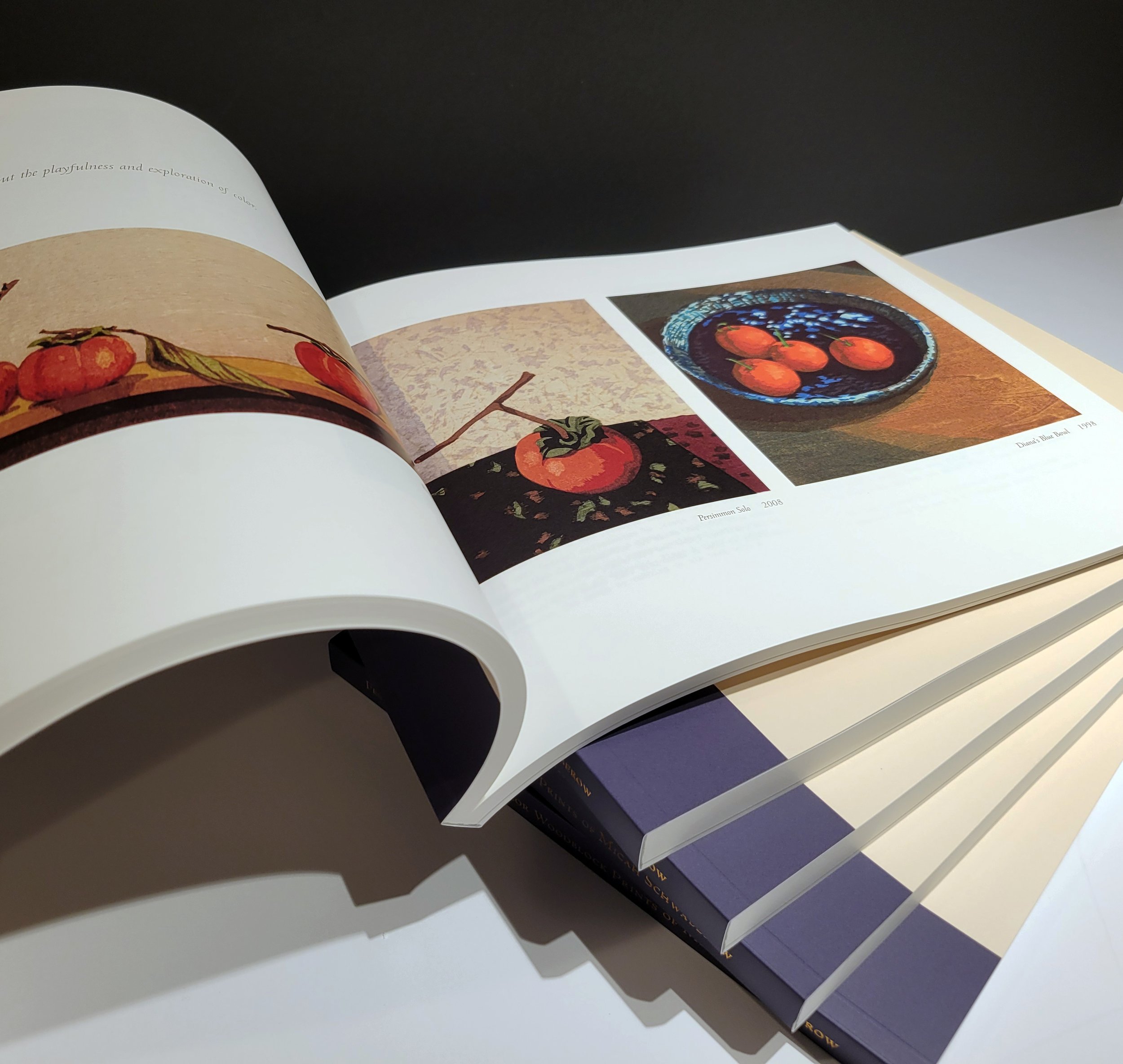 Open art book featuring colorful still life paintings of tomatoes on various backgrounds.