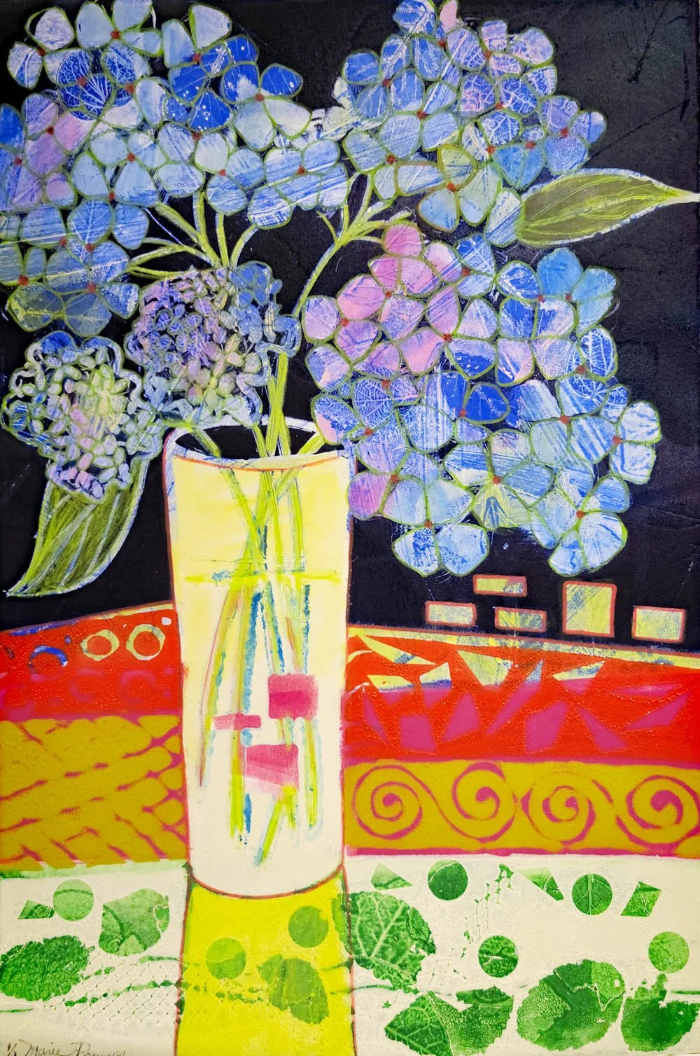 A colorful, artistic monoprint of a bouquet of blue and purple hydrangea flowers in a tall, yellow-and-cream vase, sitting on a red and yellow table with intricate patterns against a black background.