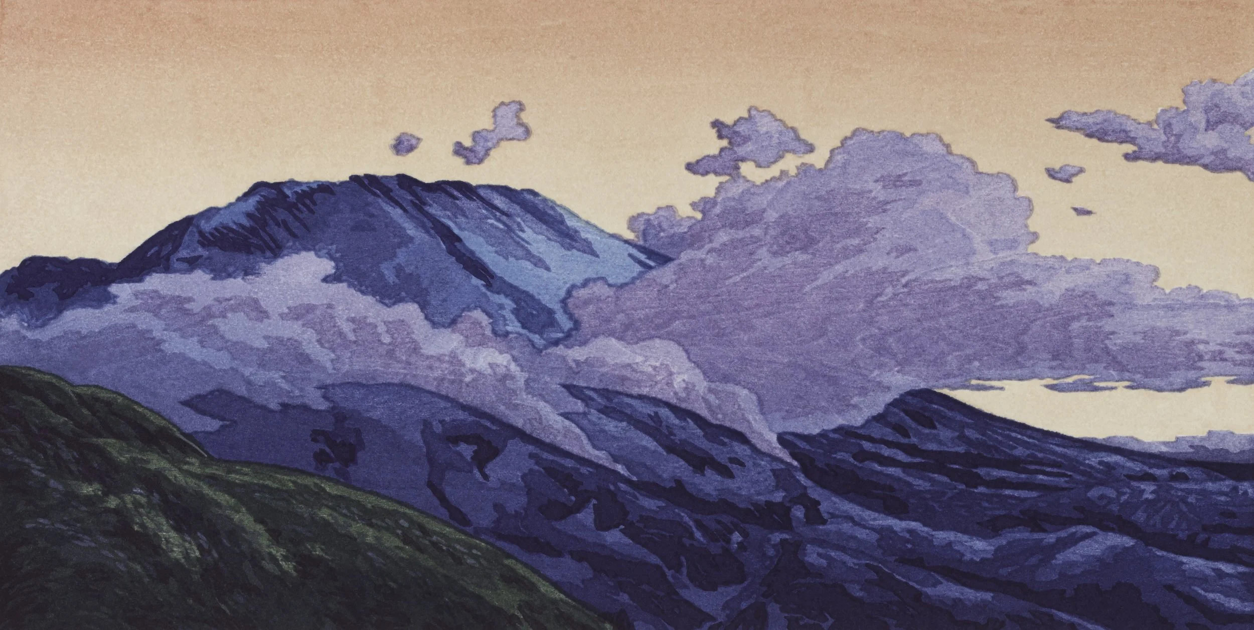 Dawn, Mount St. Helens from Coldwater, an original woodblock print by Micah Schwaberow
