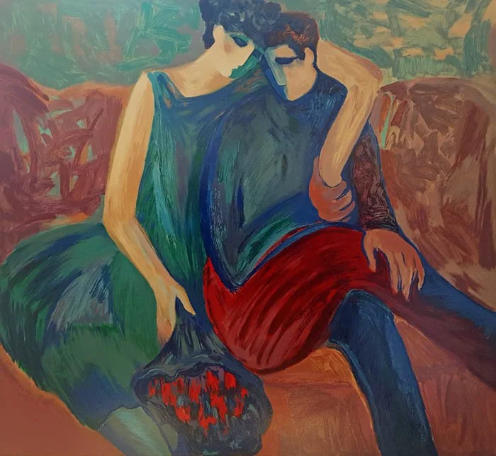 A painting of two women sitting closely on a colorful sofa, one with short dark hair in a green dress and the other with short red hair in a blue shirt and red skirt.