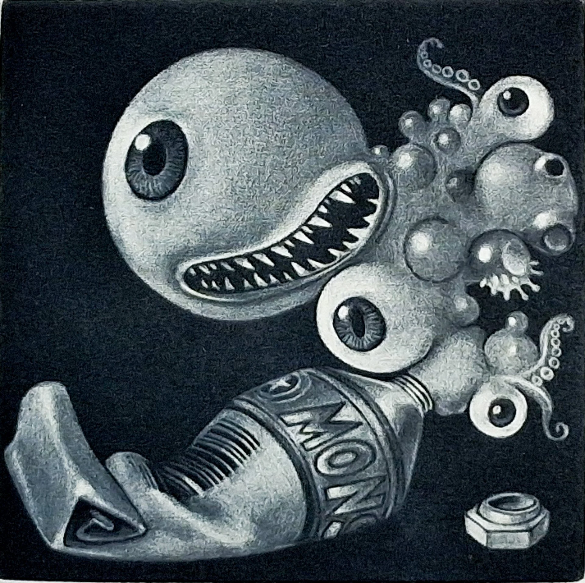 A black and white mezzotint, Monstre en tube is a dark blue ink mezzotint with a toothpaste-like squeeze tube squirting monsters out of it.