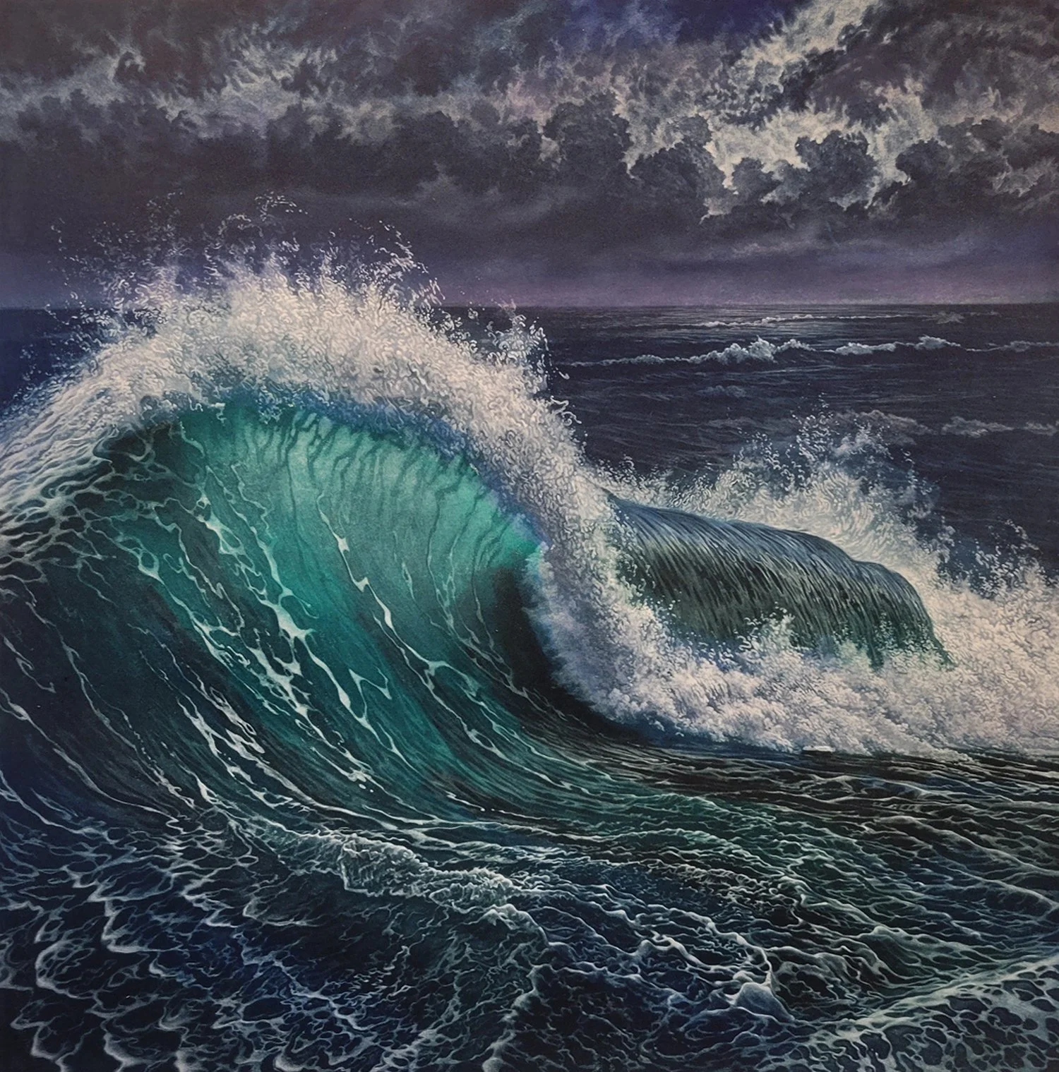 A mezzotint by Art Werger of large ocean waves crashing under a stormy, dark sky with swirling clouds.