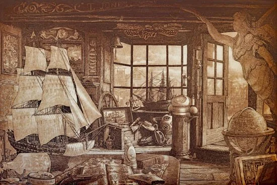 A detailed drawing of a nautical themed room with a model ship, various marine artifacts, and a large window overlooking a harbor.