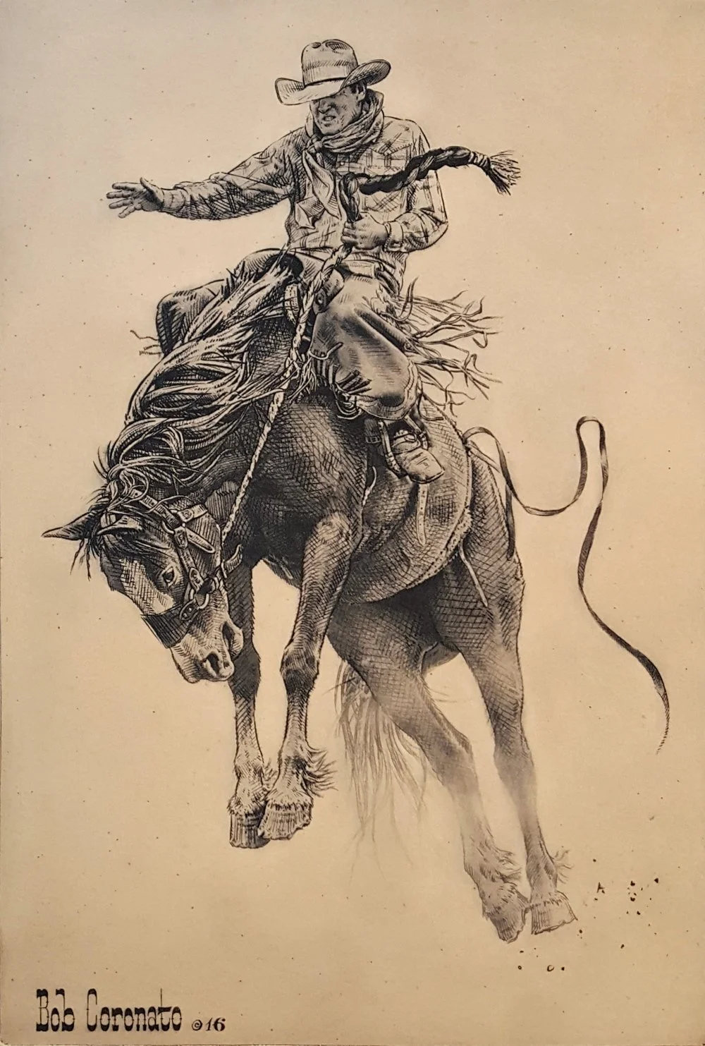 A detailed etching of a cowboy riding a bucking bronc.t, jacket, and chaps, with a scenic landscape in the background.
