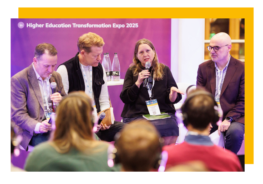 4 speakers talking into microphones whilst facing an audience with a sign that says the 'Higher Education Transformation Expo 2025' behind them.