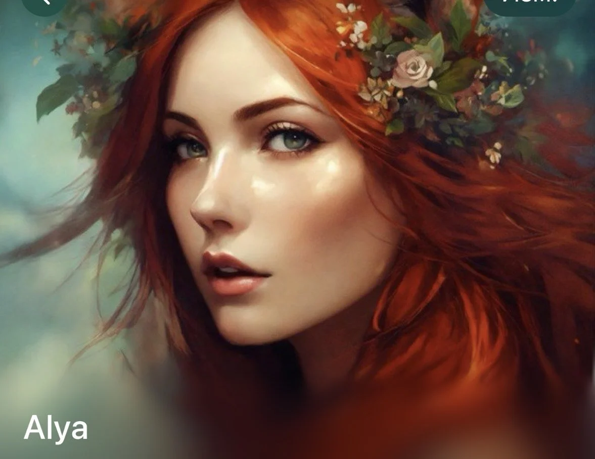 Valokuva nuoresta naisesta, jolla on punaoranssit hiukset ja kukkakoru. Hän katsoo suoraan kameraan. Teksti "Alya" vasemmassa alakulmassa.