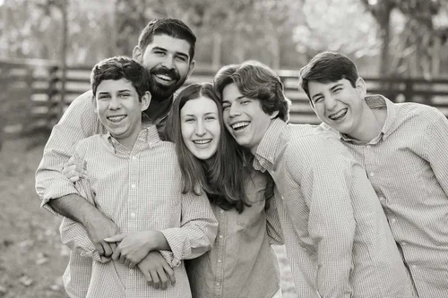 Five siblings laughing and hugging in a black-and-white portrait on the Treasure Coast