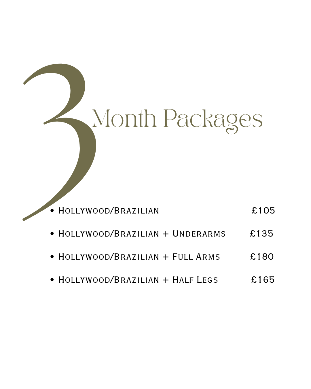 Pricing menu listing 3-month packages for Hollywood/Brazilian hair treatments with different options and prices.