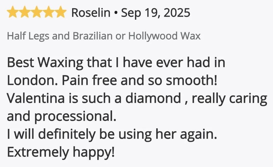 Customer review for waxing service, dated September 19, 2025, praising the results and professionalism.