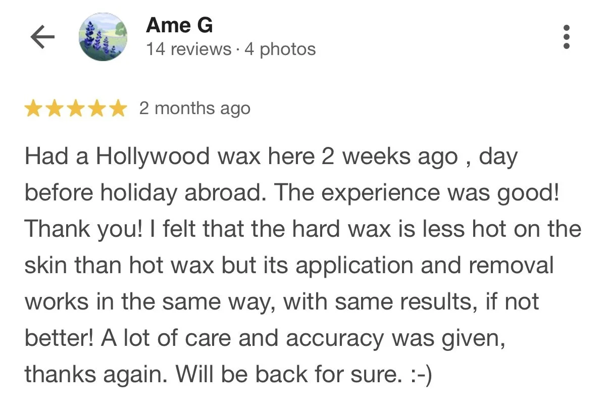 Screenshot of a Google review written by Amy G, praising her experience with Hollywood wax, mentioning the care, accuracy, and results, and planning to return.