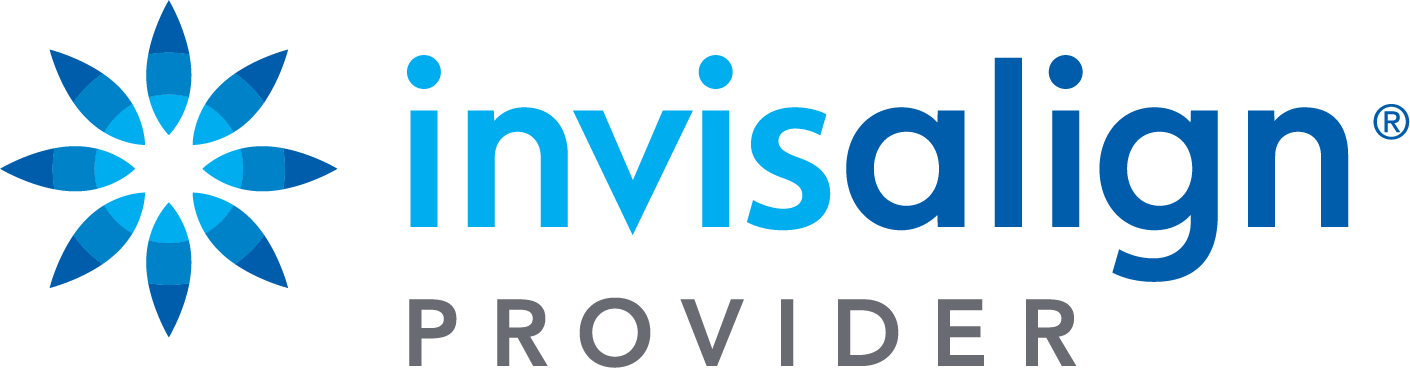 Invisalign logo with a stylized blue flower and the words "invisalign provider" in blue and gray text.