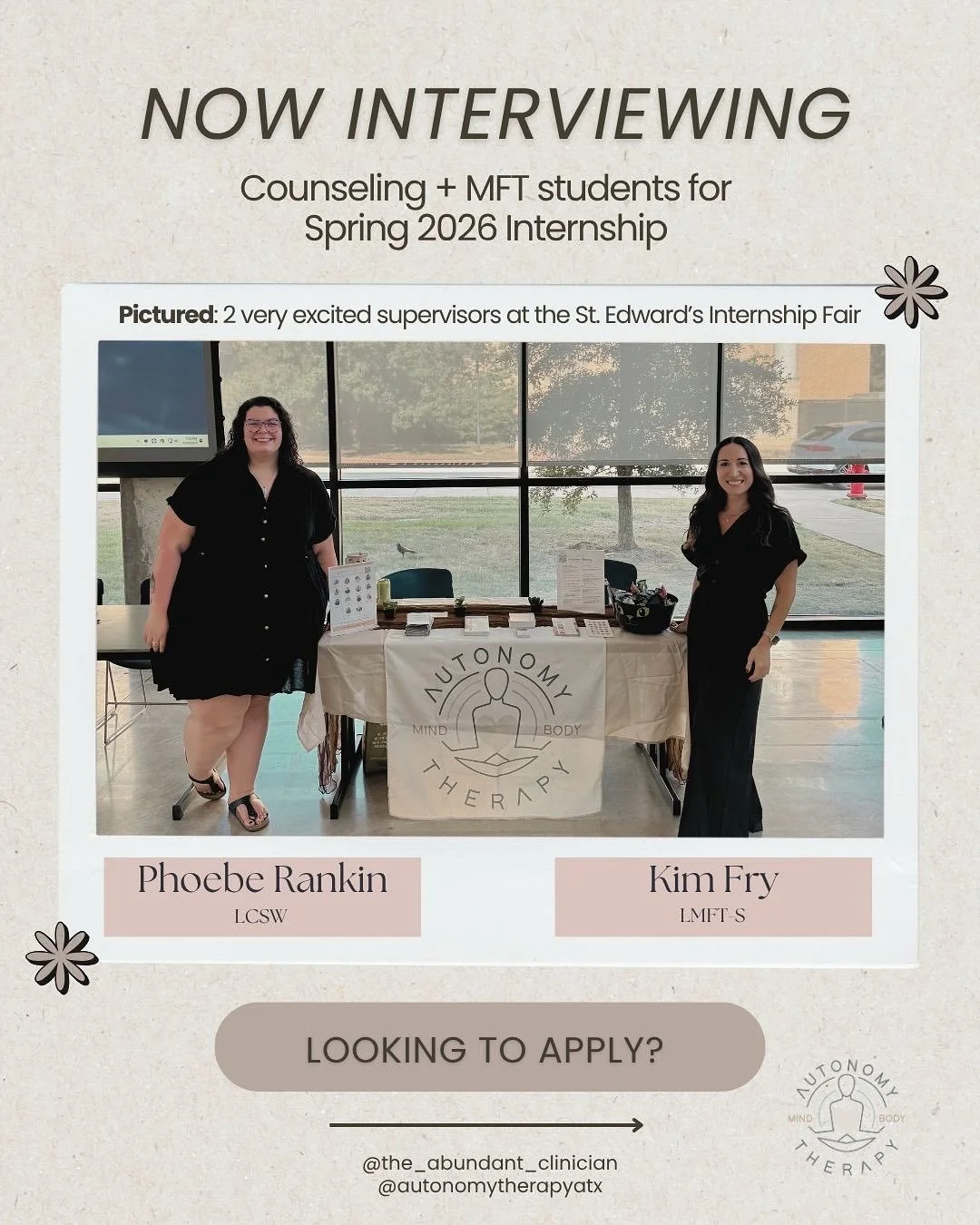 We loved meeting so many thoughtful, motivated counseling and MFT students at the St. Edward&rsquo;s Internship Fair this week! 🌿

Our team is passionate about supporting emerging clinicians as they grow their confidence, identity, and clinical voic