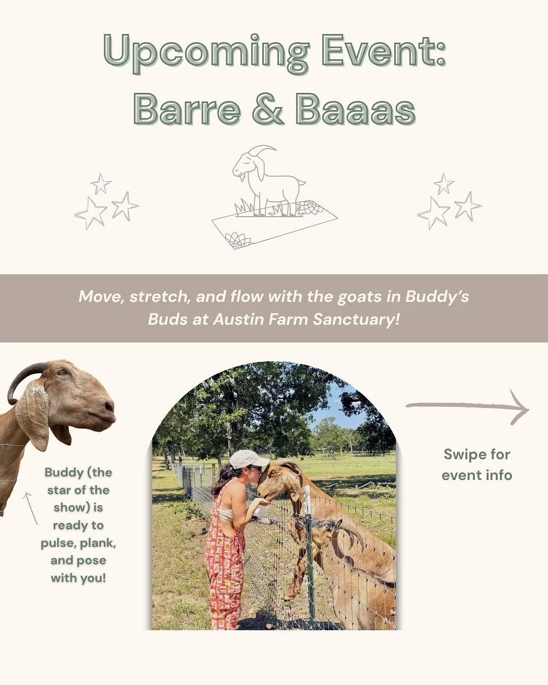 Get ready to sweat and stretch with the baa-est workout crew in town 🐐 Join me and @austinfarmsanctuary on November 9th for Barre &amp; Baaas with the adorable Buddy&rsquo;s Buds crew, where your workout comes with bleats AND beats.

Spots are limit