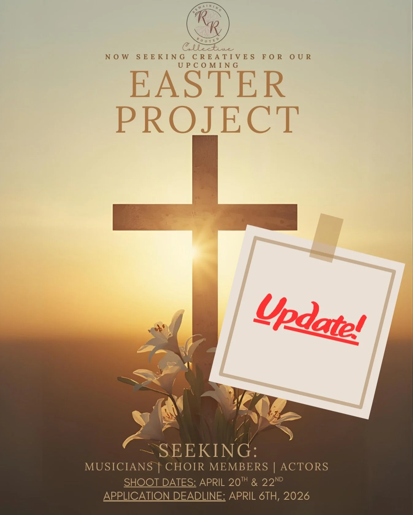 UPDATE!
Our Easter project is coming together beautifully, and we&rsquo;re so grateful for the incredible team that has already said yes.

As the vision for this project has continued to grow, we&rsquo;ve decided to push the shoot date back slightly 