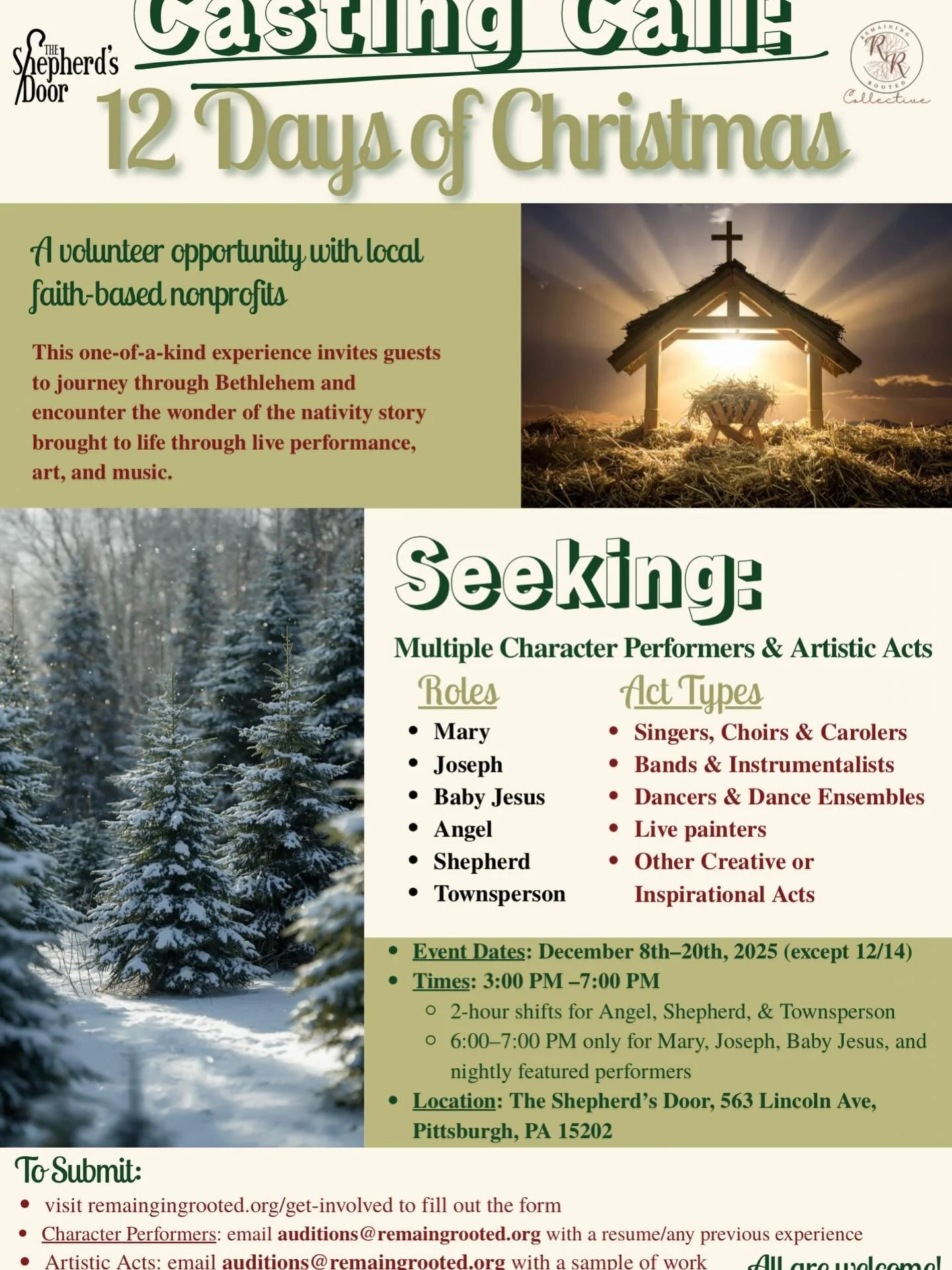 Calling all actors and character performers! We&rsquo;re casting for our immersive Bethlehem Experience&mdash;a creative, faith-centered walk-through that brings the story of Jesus&rsquo; birth to life. If you&rsquo;d love to use your gifts to help s