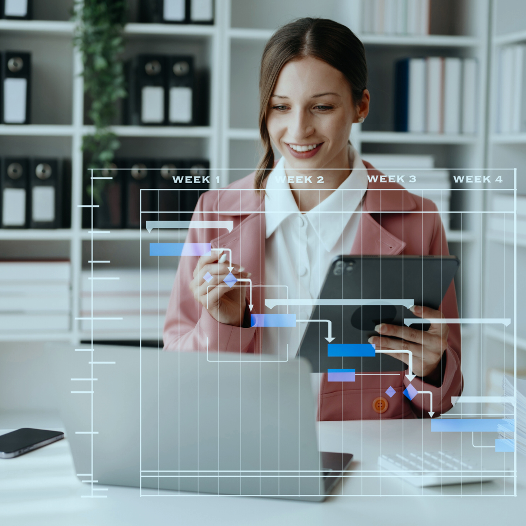 A woman in a pink blazer and white shirt smiling at her tablet, with a chart overlay showing project progress over four weeks.