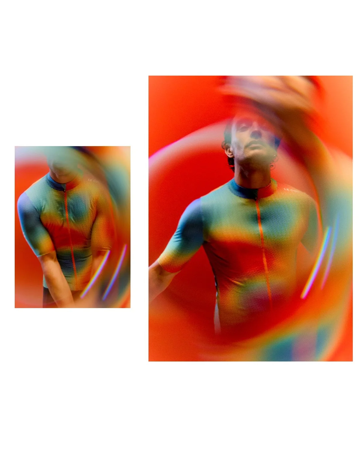 A person wearing a rainbow-colored, short-sleeved athletic top with a front zipper, posing against a red background. The image has a motion blur effect, creating a dynamic appearance with blurred colorful streaks around the person.