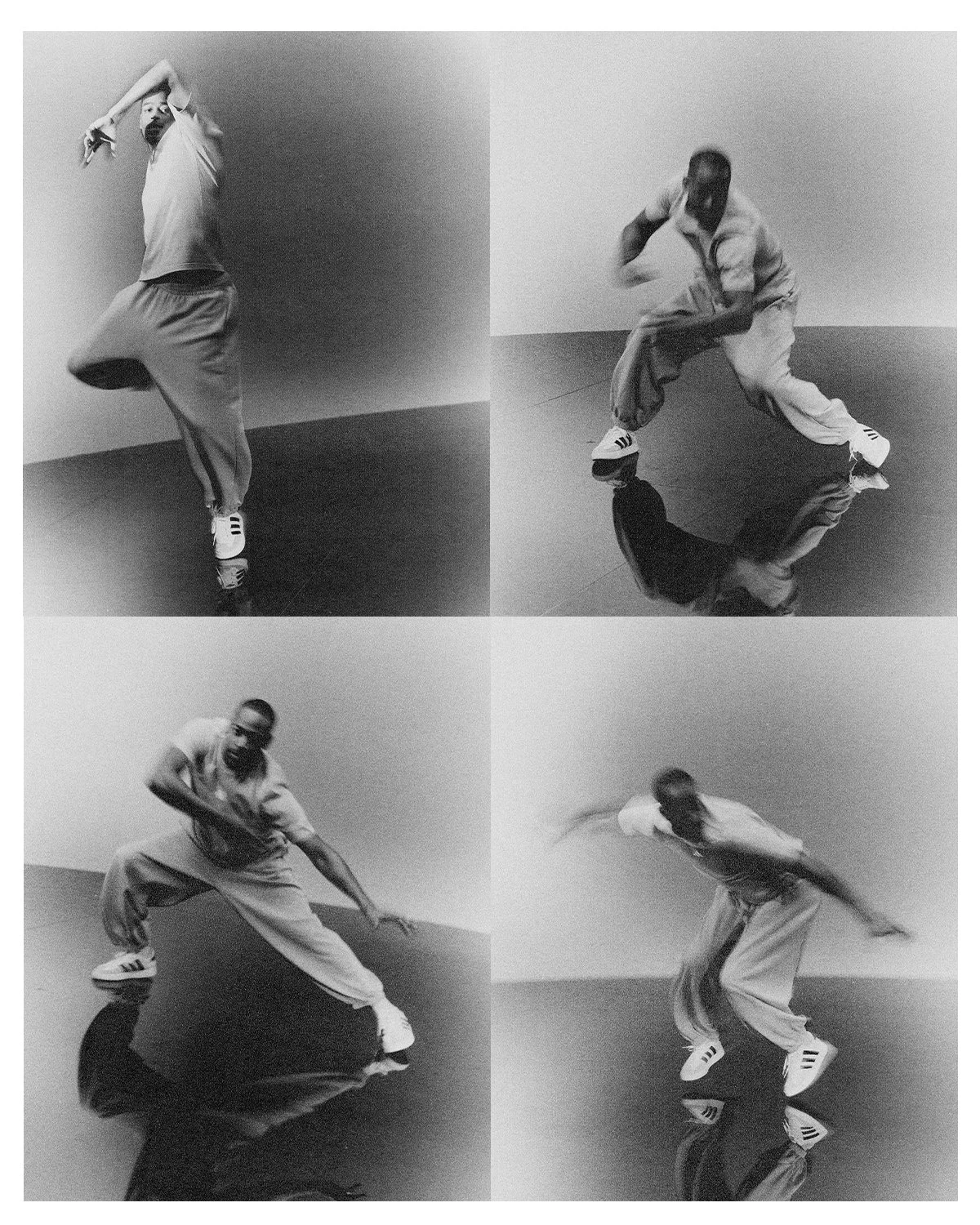 Four black-and-white photos of a man in a martial arts pose in different stances, on a reflective floor against a plain background.