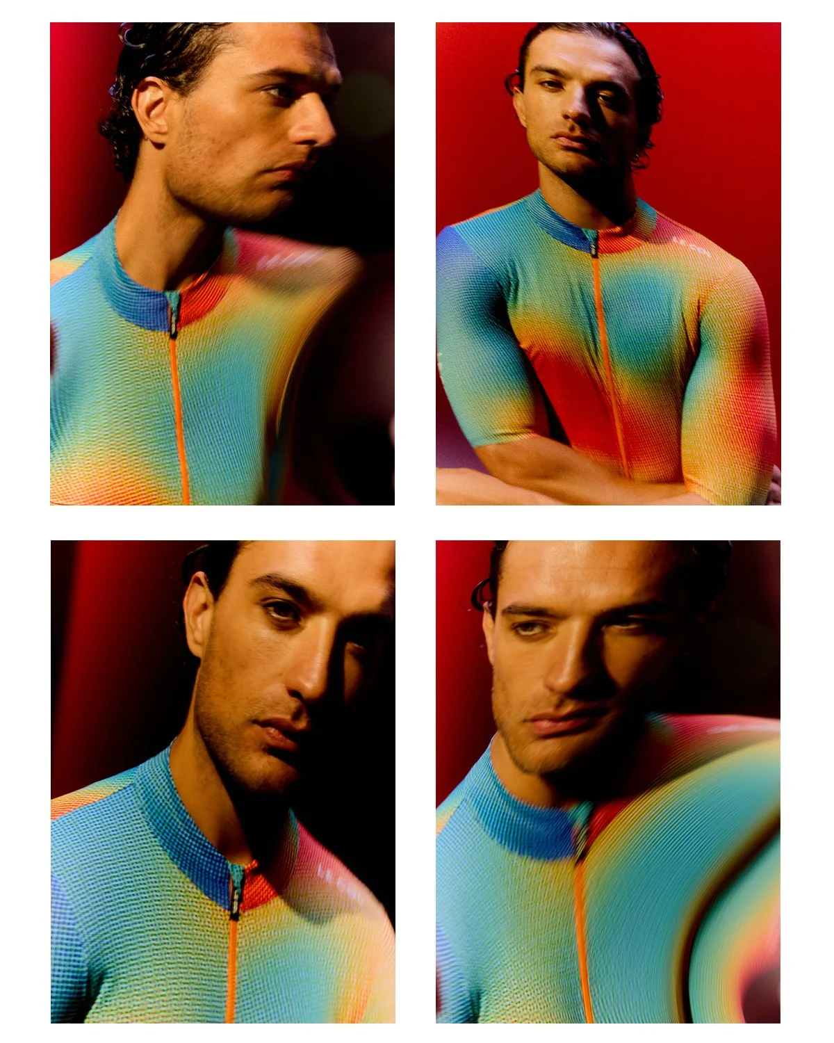 Four photos of a man with dark hair, wearing a colorful, rainbow-striped, zip-up sports shirt, posing against a red background in various angles and expressions.