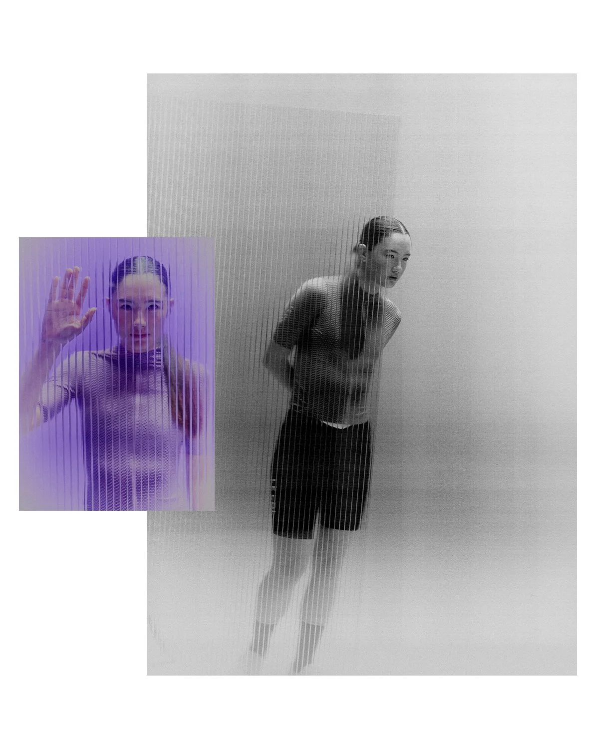 Black and white photo of a woman standing behind a textured mirror, looking to the side with her hands behind her back. There is a smaller, purple-tinted image of the same woman in the bottom left corner, waving at the camera.