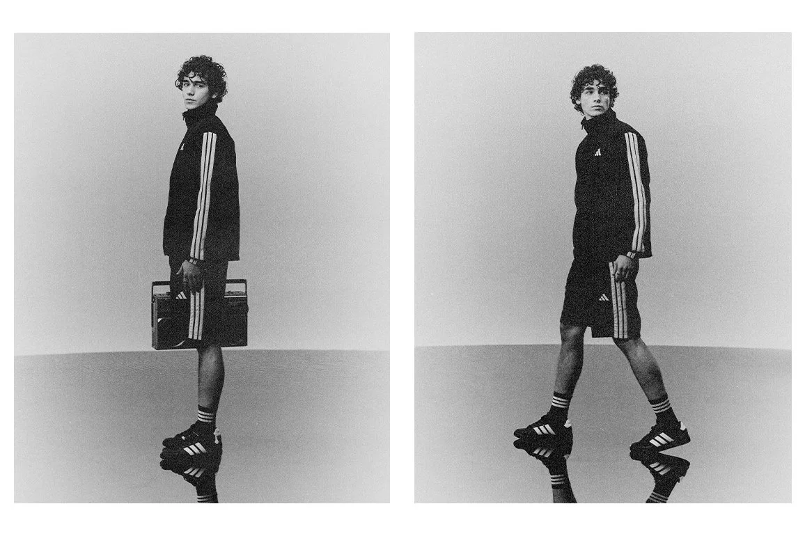 Black and white photo of a young man with curly hair wearing an Adidas tracksuit and sneakers, standing on a reflective surface with minimal background. In the left image, he holds a boombox, and in the right, he has a confident stance.