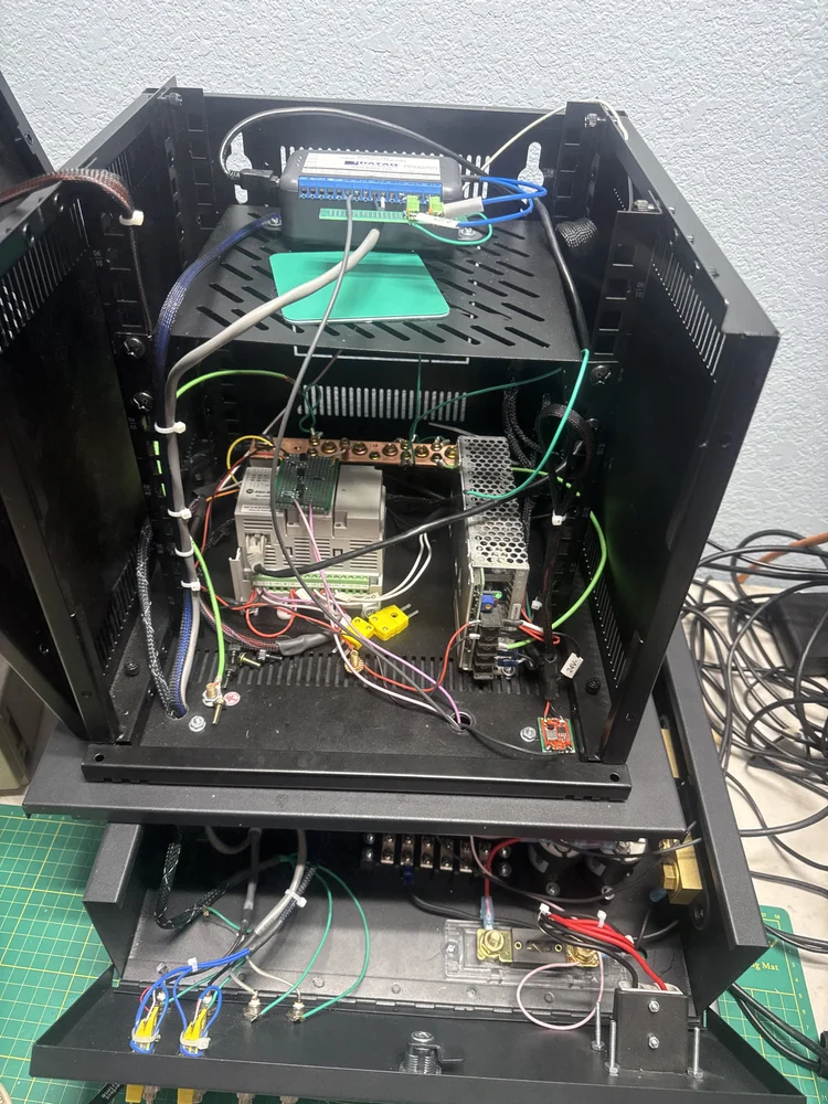 Internal wiring, controls, and components of Guardian test equipment during development
