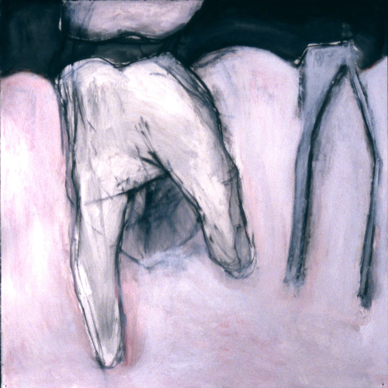 A black and white sketch of two people sitting back to back, one with their knees drawn up and the other with their legs extended.