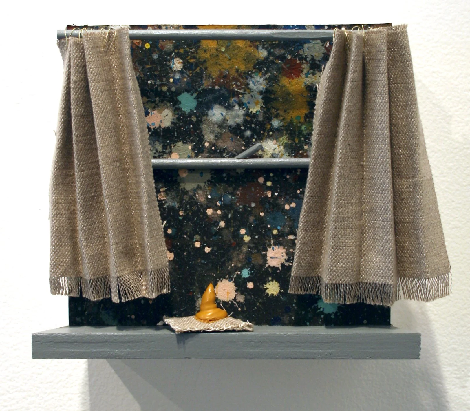 '1966', 6-.5" x 6"x 3", acrylic on linen, paper, wire, wood, 2011