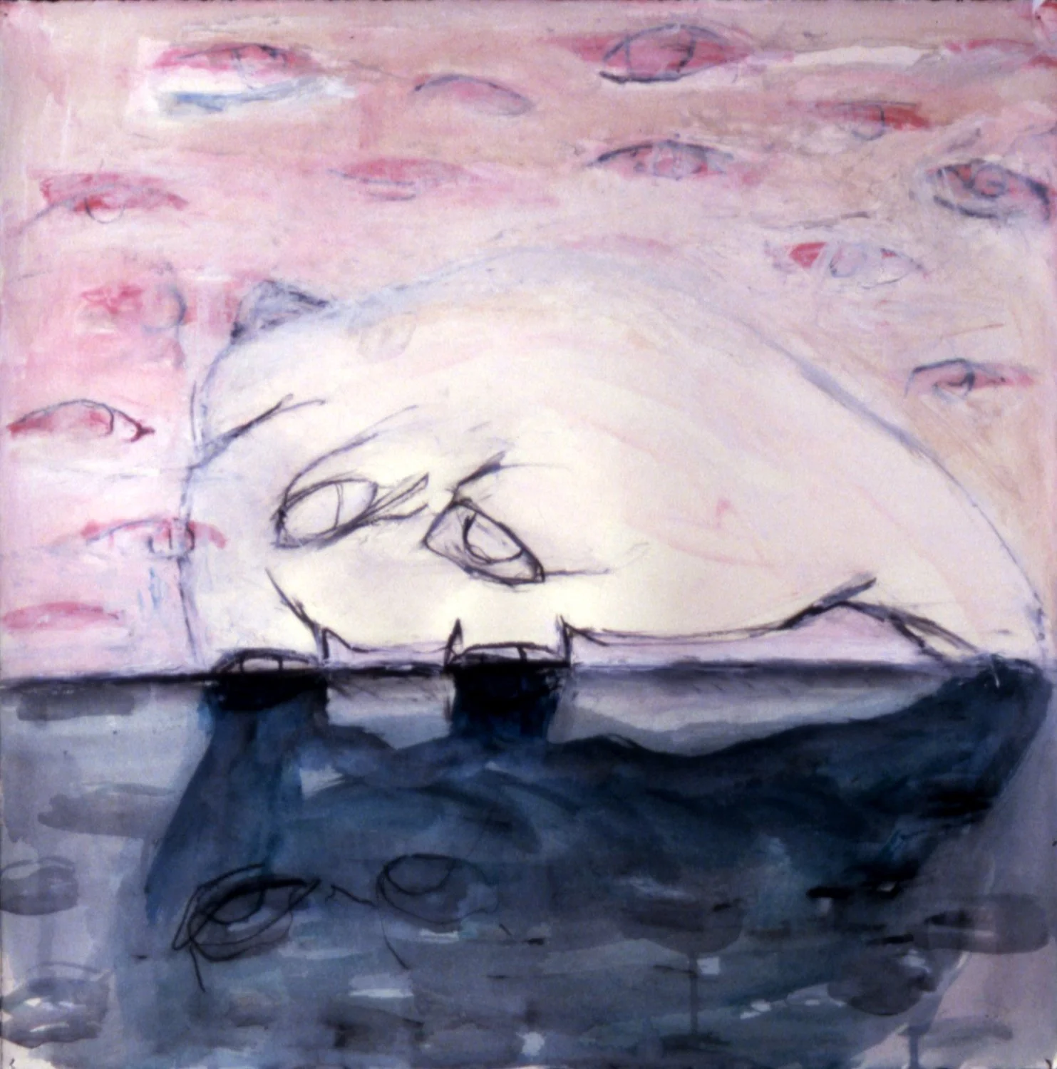 Abstract painting of a whale with numerous eyes in the background, using soft pink, blue, and black colors.