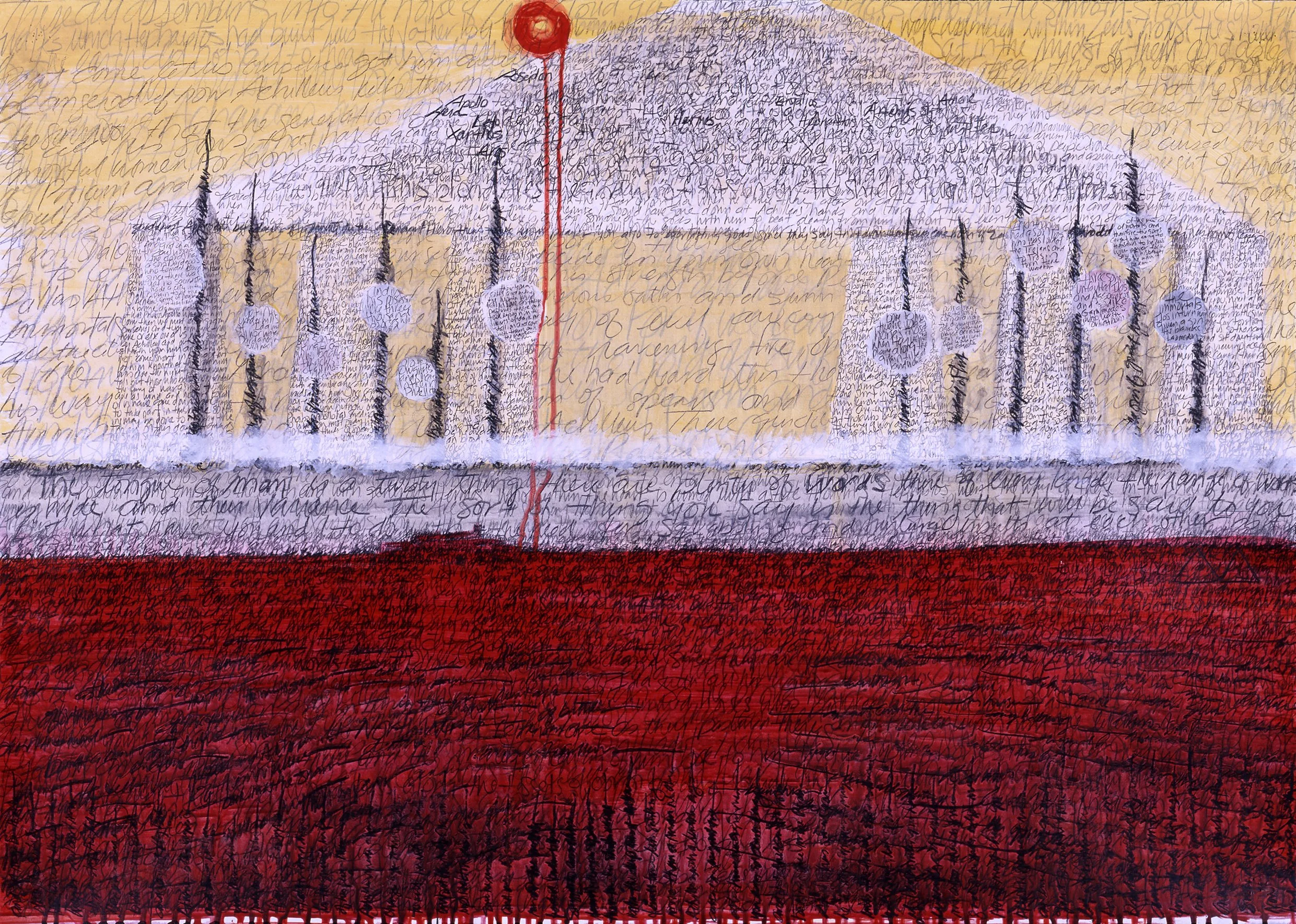 The Iliad, Book Twenty   'The Gods Join the Battle,  mixed media on paper, 40”x 30”, 2002