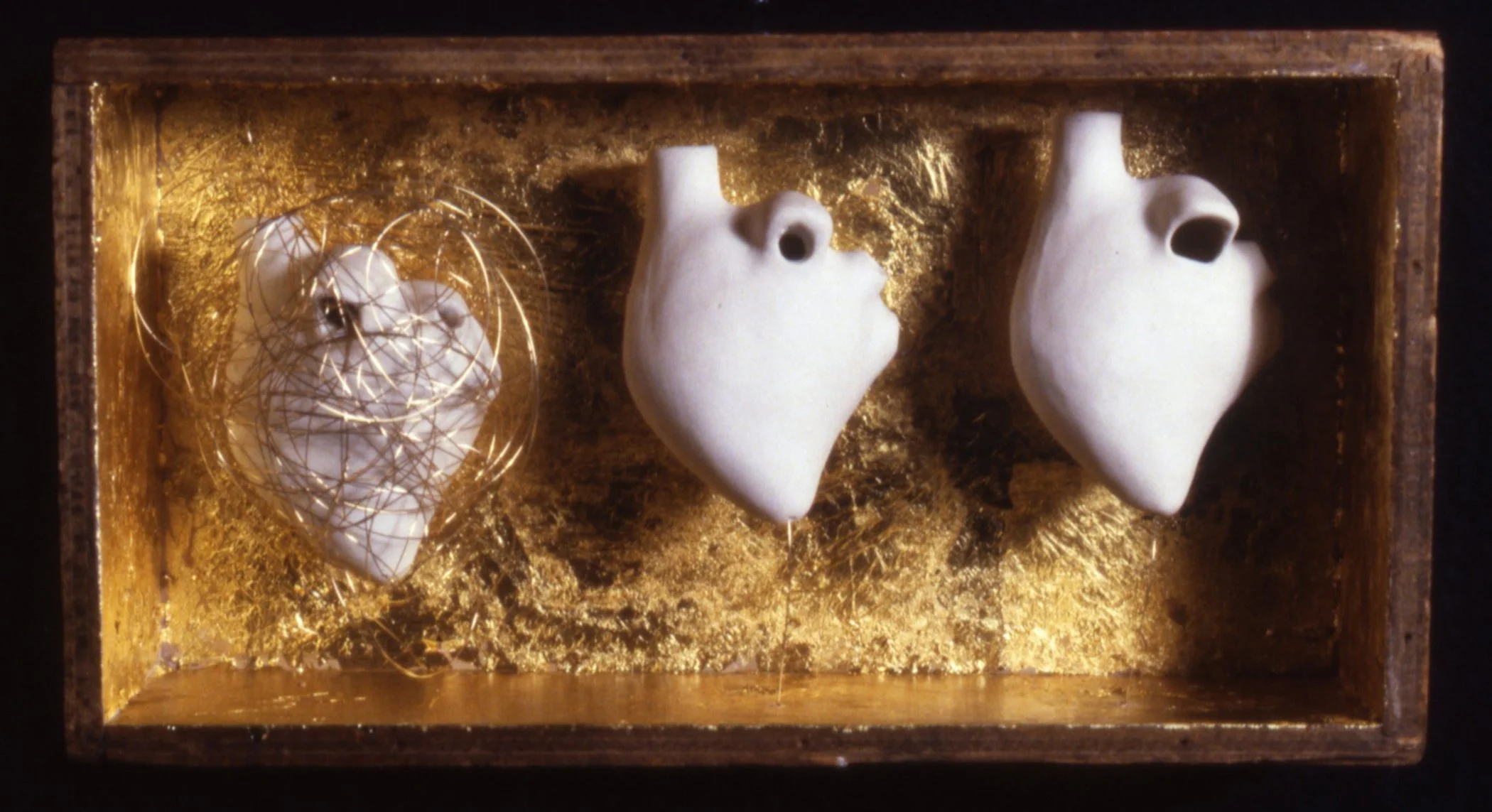 'Three Fates', porcelain hearts, gold leaf box, 9" x 30" x 6"
