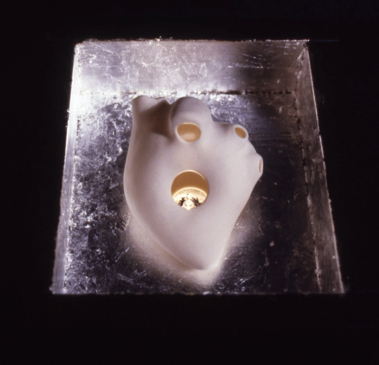 'Soul', porcelain heart, light bulb, box, silver leaf, 6" x 8" x 5"