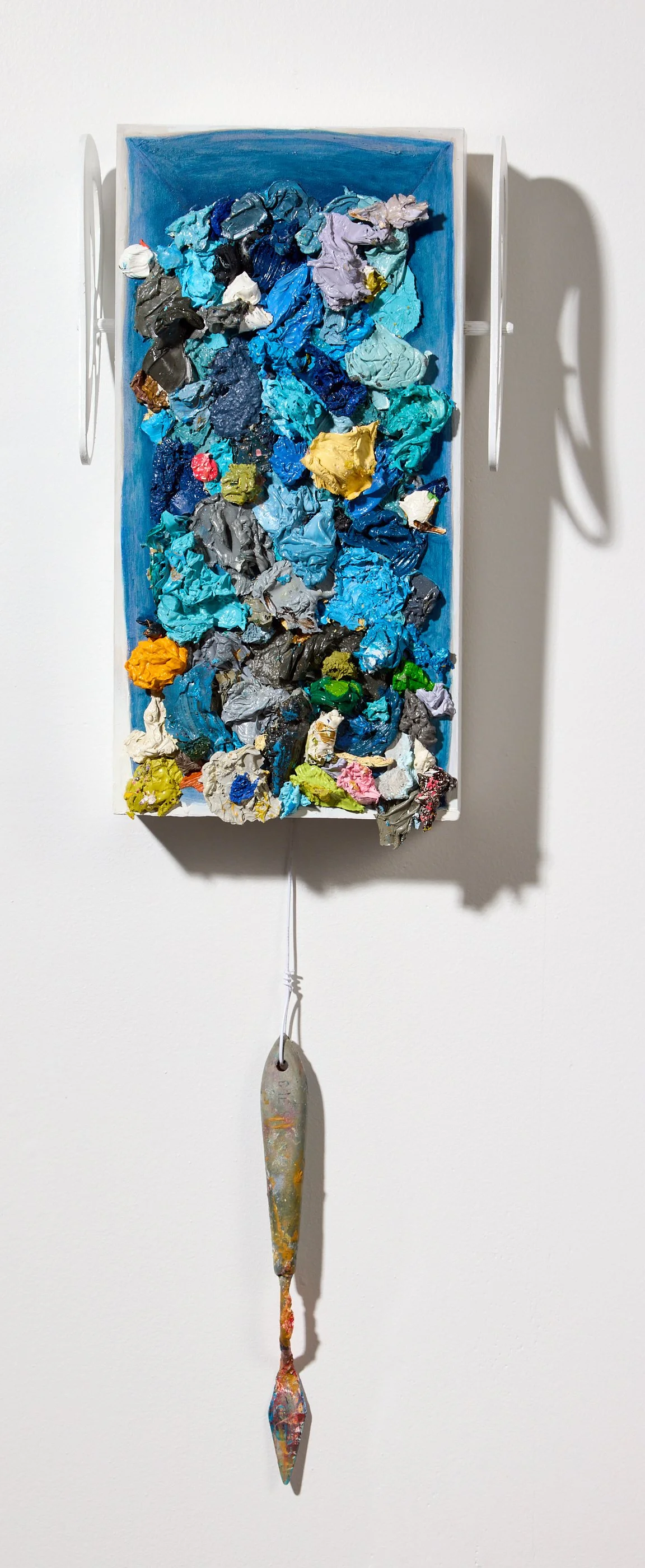 'Spare Ribs', painting, 7" x 25" x 4, oil + oil paint fragments on wood, palette knife, hook up wire, 2026
