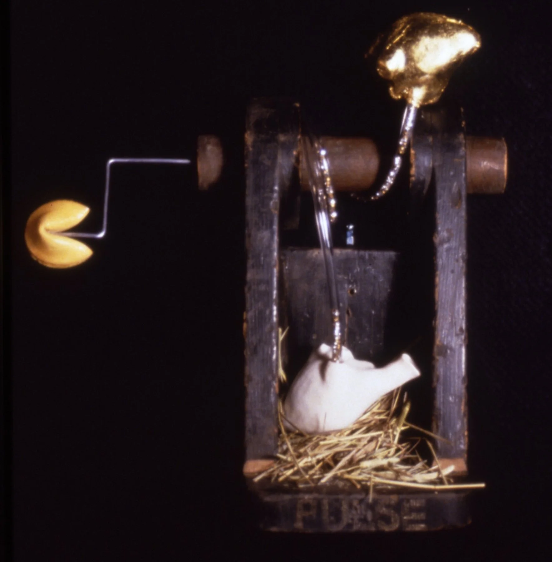 'Divine Providence', 2 porcelain hearts,  gold leaf, wood, straw, tubing with stones, 14" x 14" x 12"