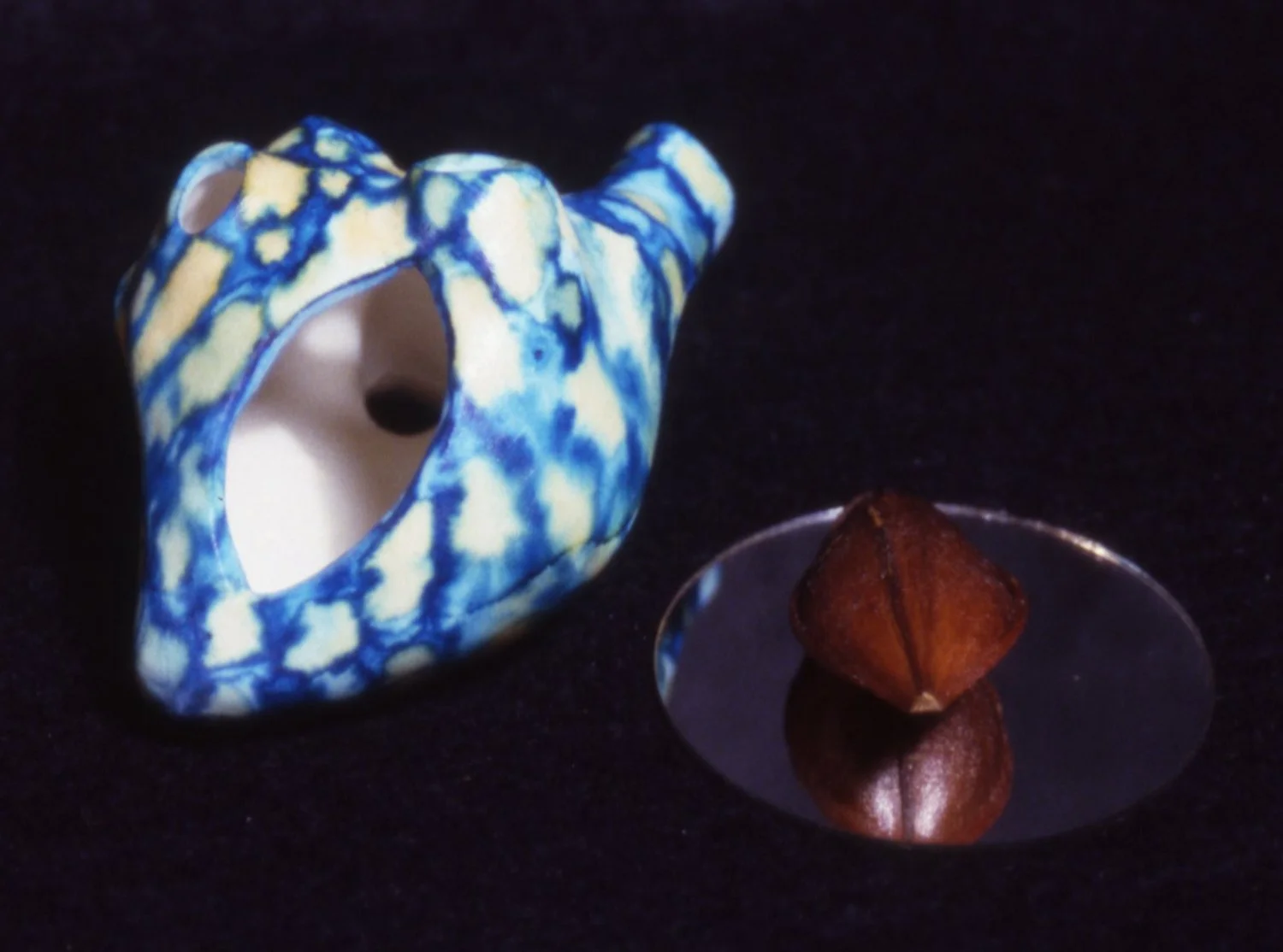 'Heart + Soul', porcelain heart, mirror, seed pod, 6" x 4" x 4"