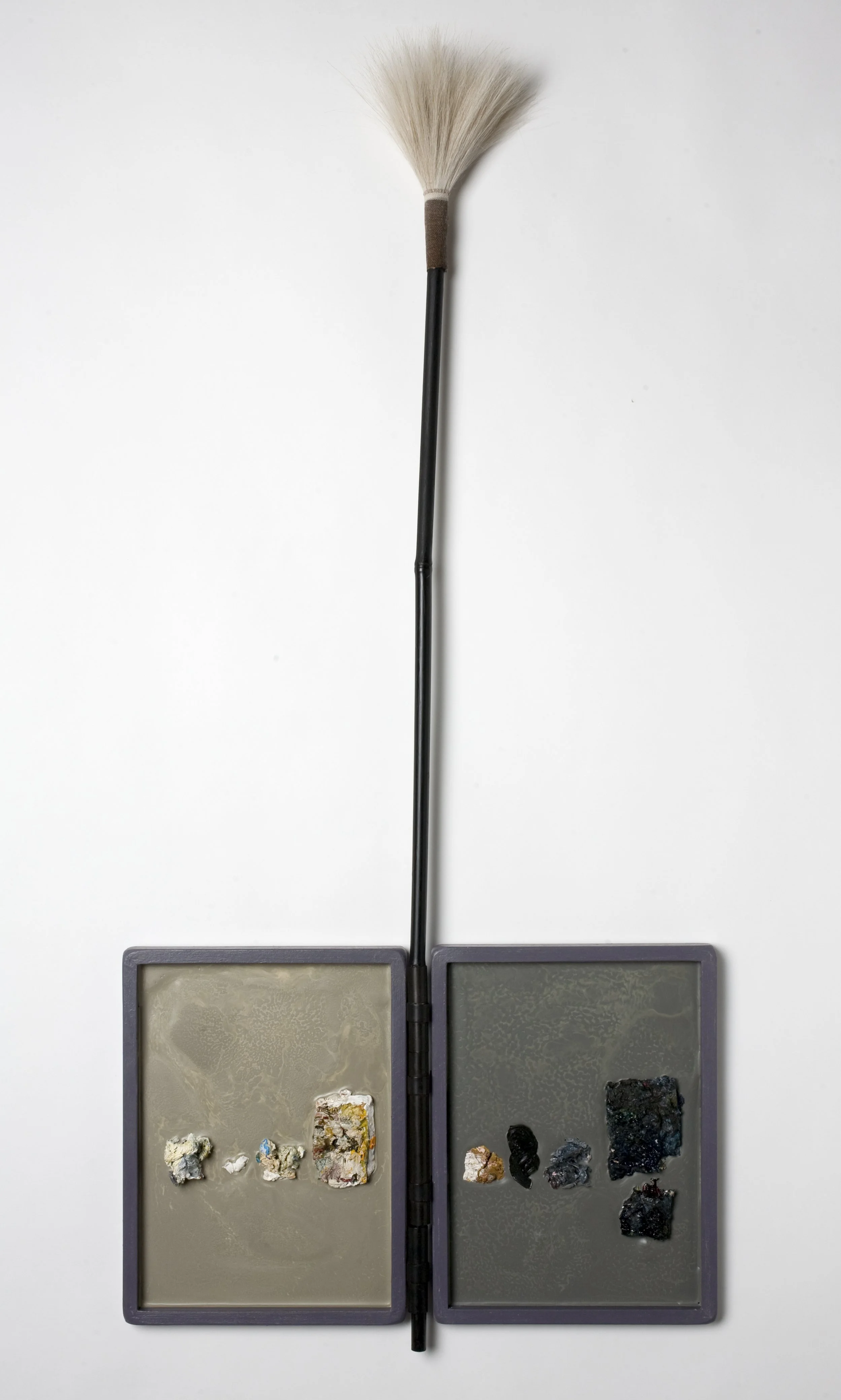 'Fragment 51'                                                                    

"I do not know what to do; I am in two minds."     

diptych 41" x 18.5", 2003-2011, encaustic wax, palette paint fragments on wood, metal hinge, hair and bamboo