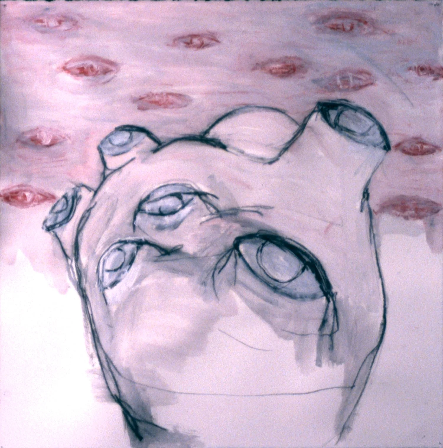 Sketch of a human face with multiple eyes, surrounded by repeated eye illustrations in the background, using loose black lines and pinkish hues.