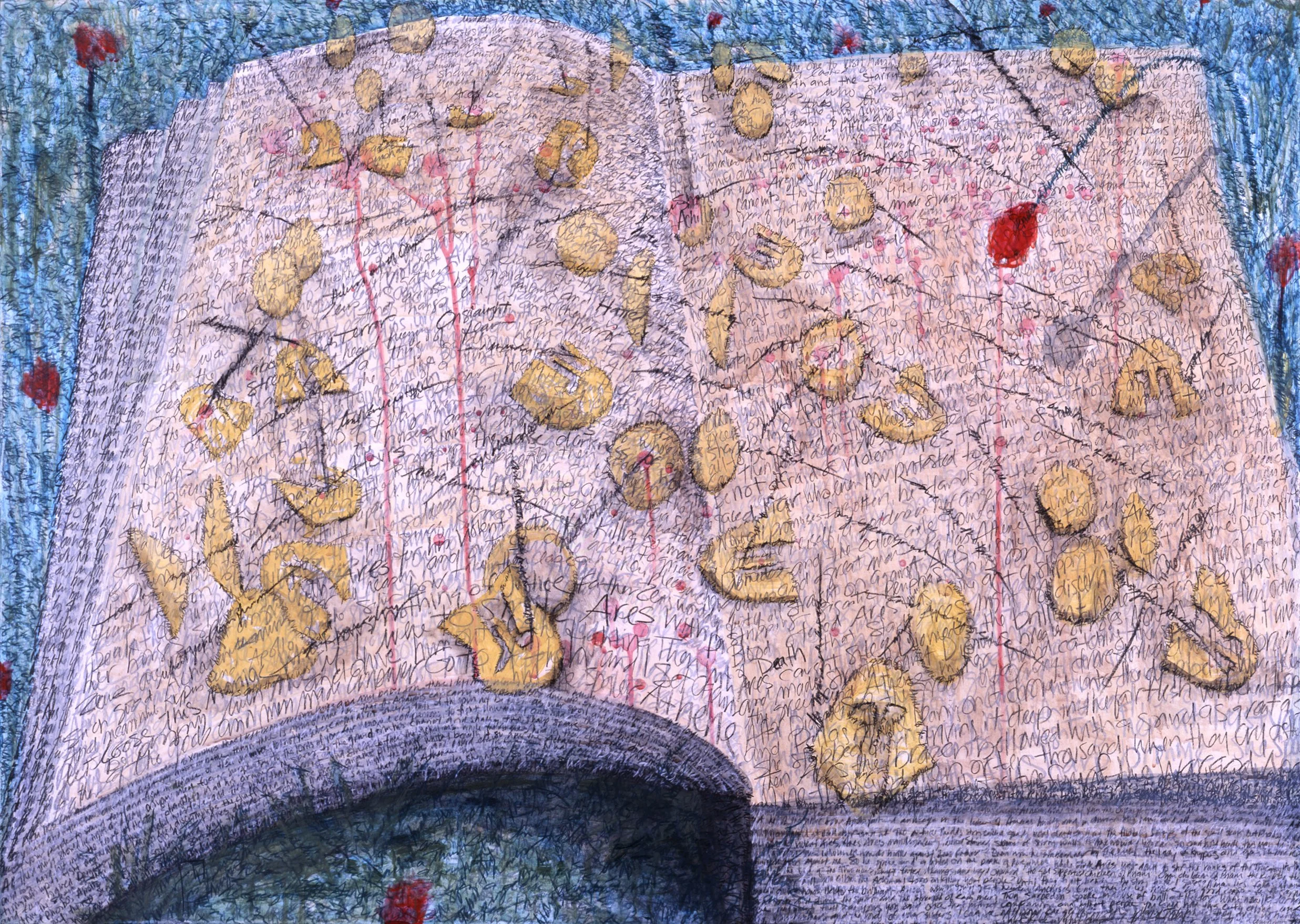 The Iliad, Book Five   'Aristeia: Diomedes Wounds Aphrodite',  mixed media on paper, 40” x 30”  ©2001