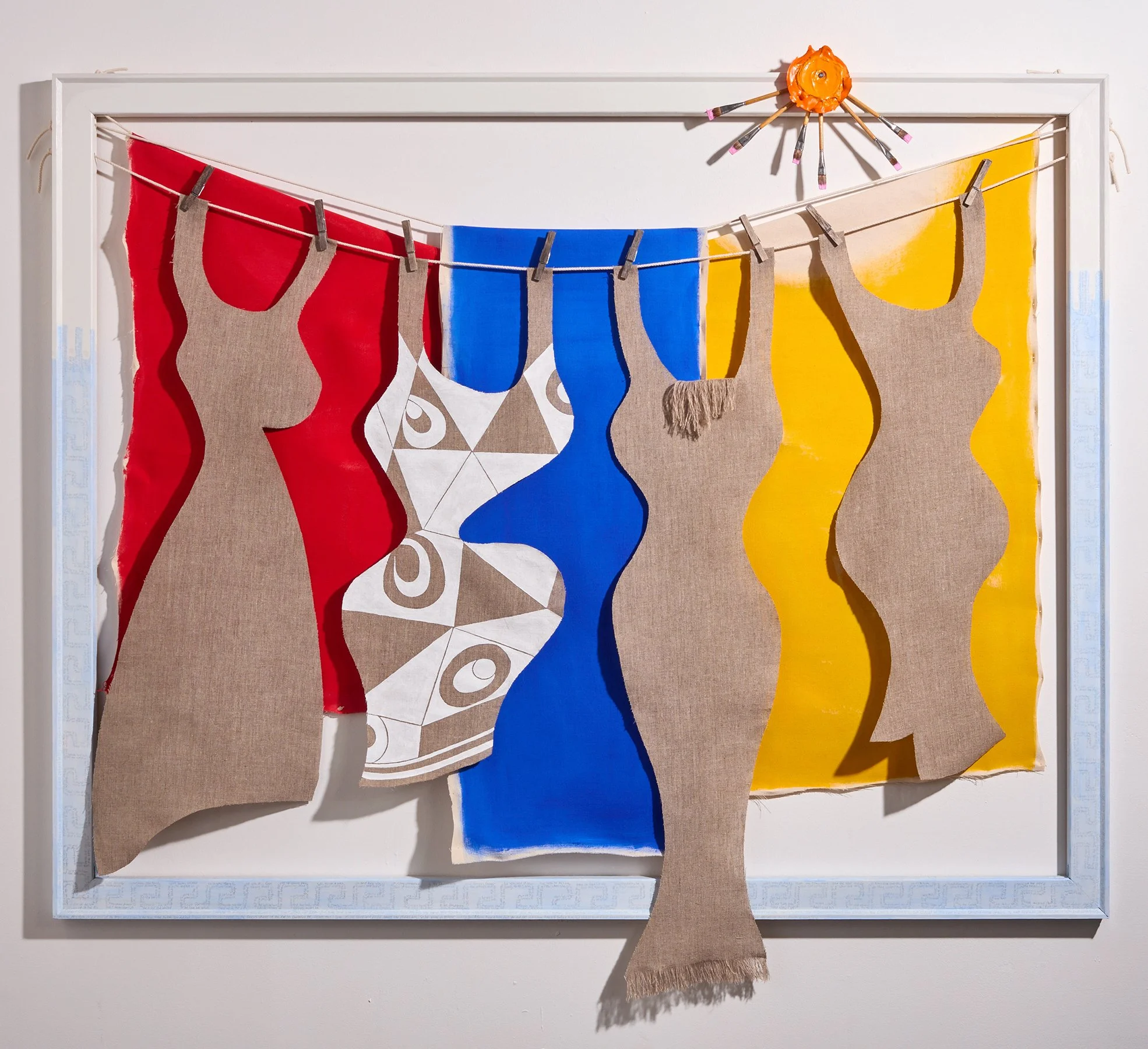 Homer's Odyssey painting series, Book 6, 'Xenia', acrylic on wood + canvas, linen, rope, pencil on wood , 62"w x 56"h, 2017-2026