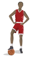 Basketball player in red uniform standing with one foot on basketball