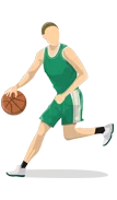 Illustration of a basketball player dribbling a ball in green uniform