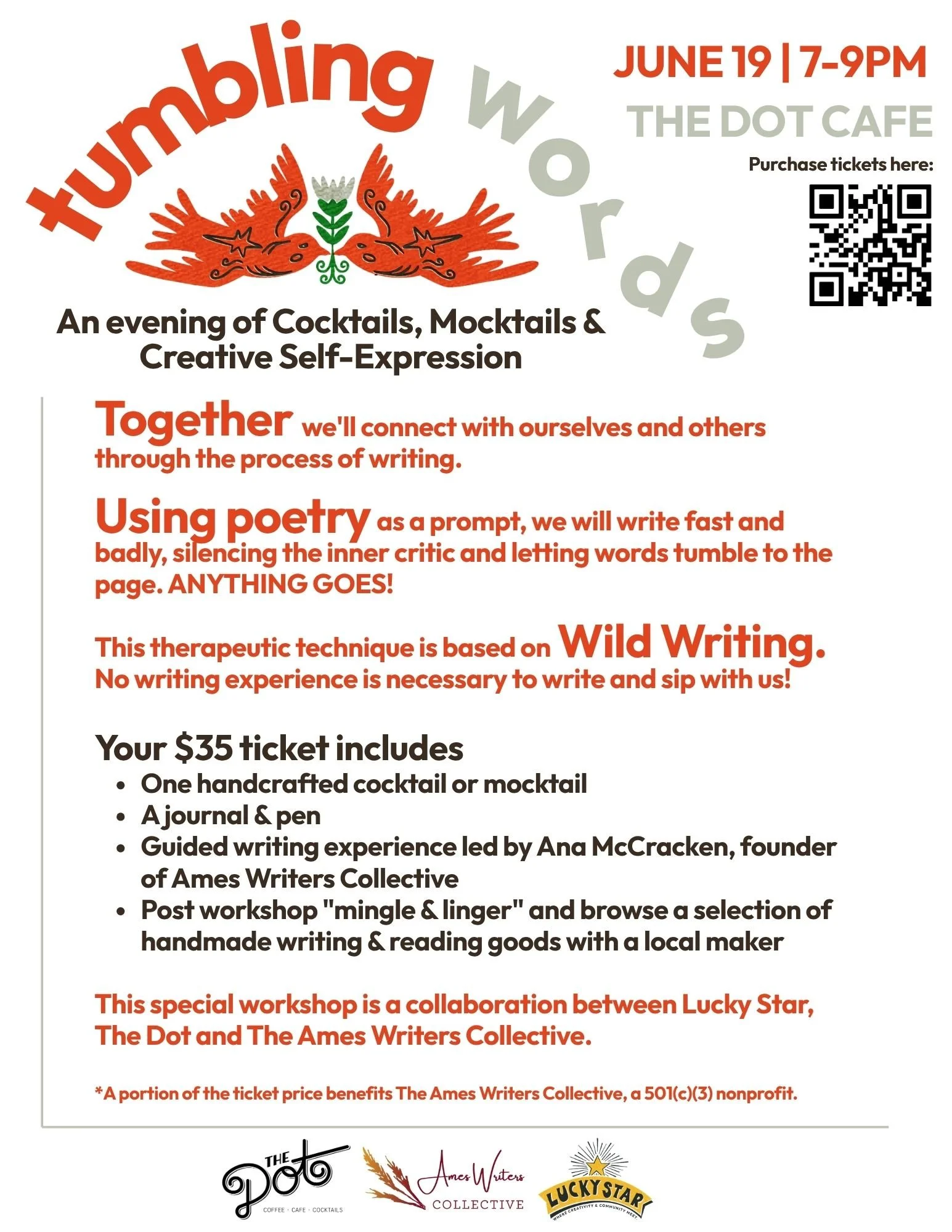 Event flyer for 'Humbling Words' workshop on June 19th from 7 to 9 PM at The Dot Cafe. Features an illustration of two red birds, text details about the workshop including activities, ticket price, and organizer logos at the bottom.