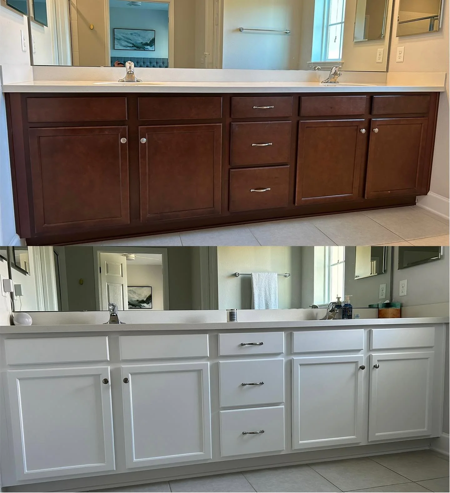 The power of paint is undeniable!

Swipe to see how we transformed this bathroom cabinets from a tired, dark stain to a crisp, modern white. The change is instant, and the room feels twice as bright!
This isn&rsquo;t just a simple refresh; it&rsquo;s