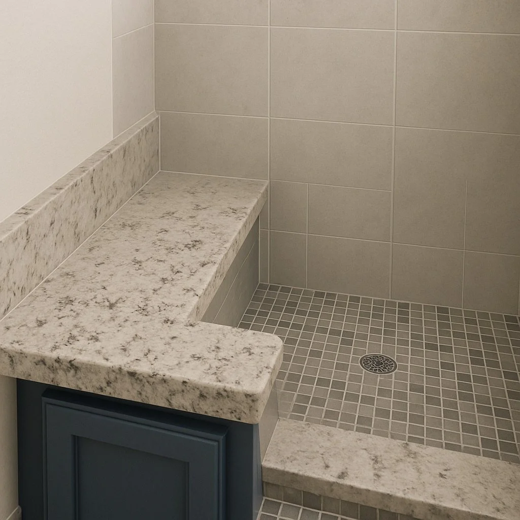 Kitchen or bathroom countertop with granite surface, next to a tiled shower area with a drain in the floor.